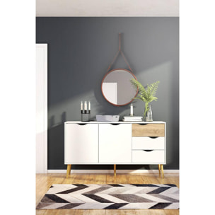 Credenza a due ante e tre cassetti, colore bianco e rovere, Misure 147 x 81 x 39 cm