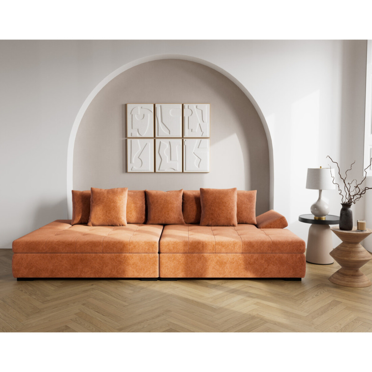 Vermont - canapé droit 4 places avec double méridienne - assise profonde - en velours texturé - Terracotta