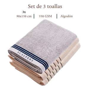 Set de 3 toallas de ducha (150x90), 100% algodón, 470 gsm, en colores gris y beige con raya verde y raya marrón, scalpers home