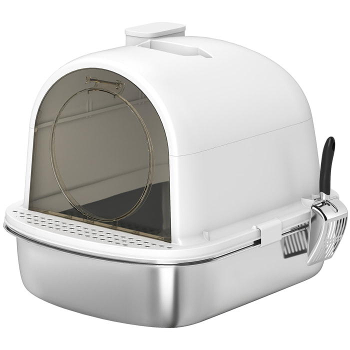 Maison de toilette bac à litière fermé acier inox - pelle, couvercle amovible, porte, désodorisant - blanc