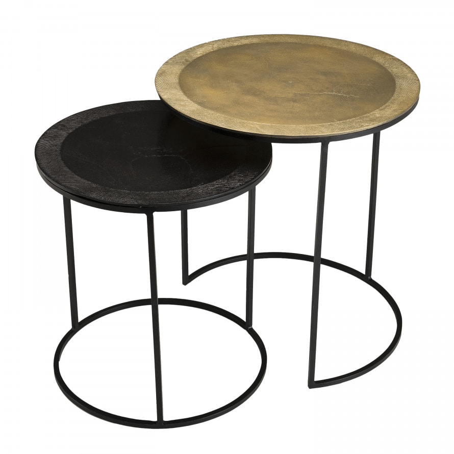 JONAS - Set de 2 tables d'appoint gigognes rondes aluminium doré et noir - pieds ronds métal noir