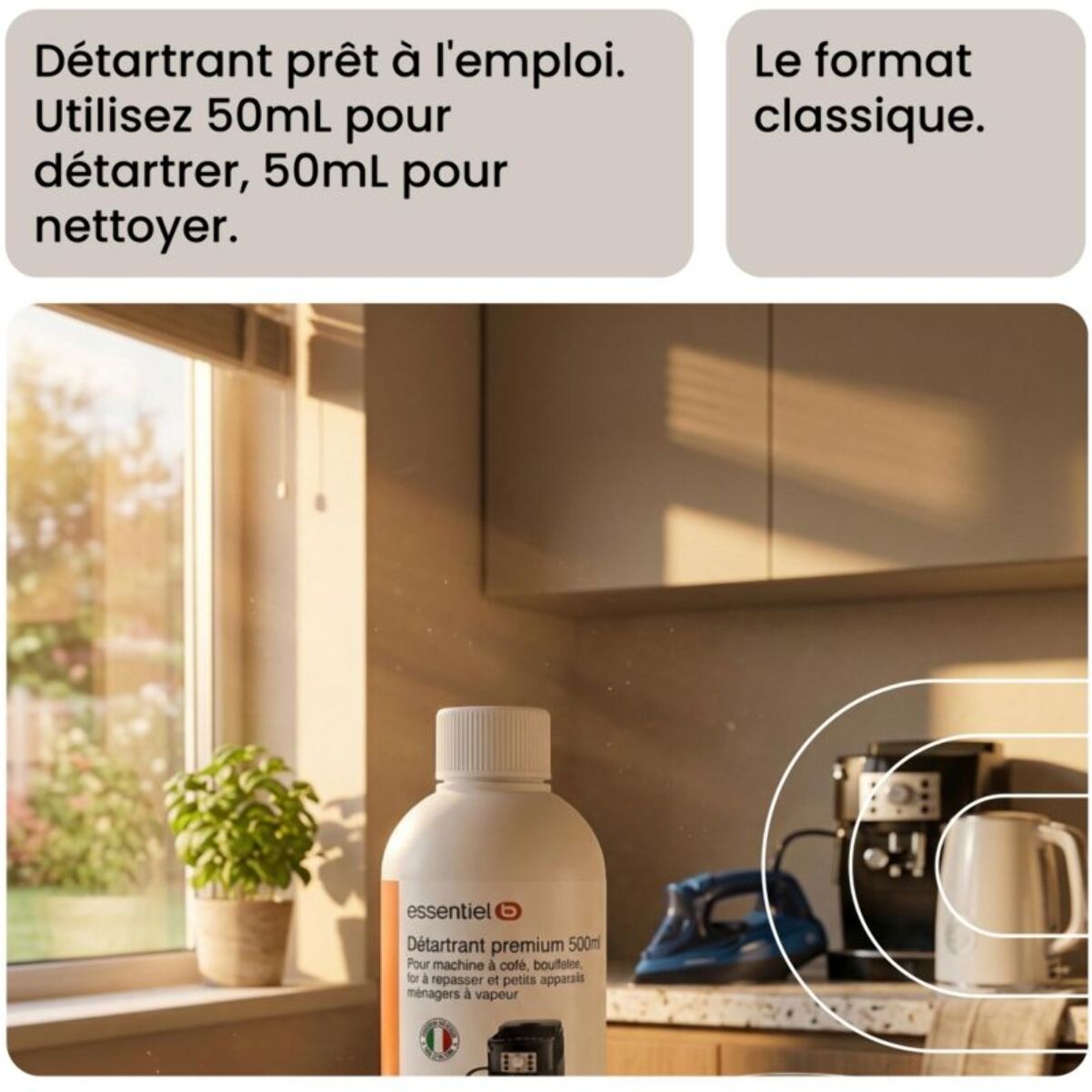 Détartrant ESSENTIELB Premium 500mL multi-appareils, efficace contre le calcaire
