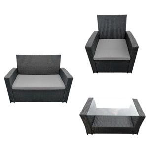 Salon de jardin COMINO en résine tressée noir 4 places - coussins gris