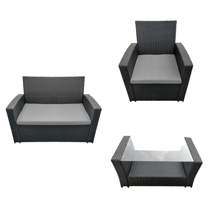 Salon de jardin COMINO en résine tressée noir 4 places - coussins gris