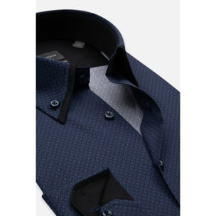 Camicia Uomo 2 Bottoni Button Down Doppio Coll Popeline Stretch Stampato Nero e Blu Scuro