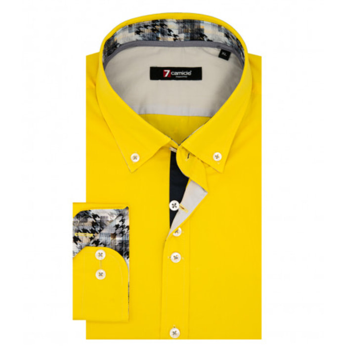 Camicia Uomo 1 Bottone Button Down Slim Popeline Stretch Unito Giallo