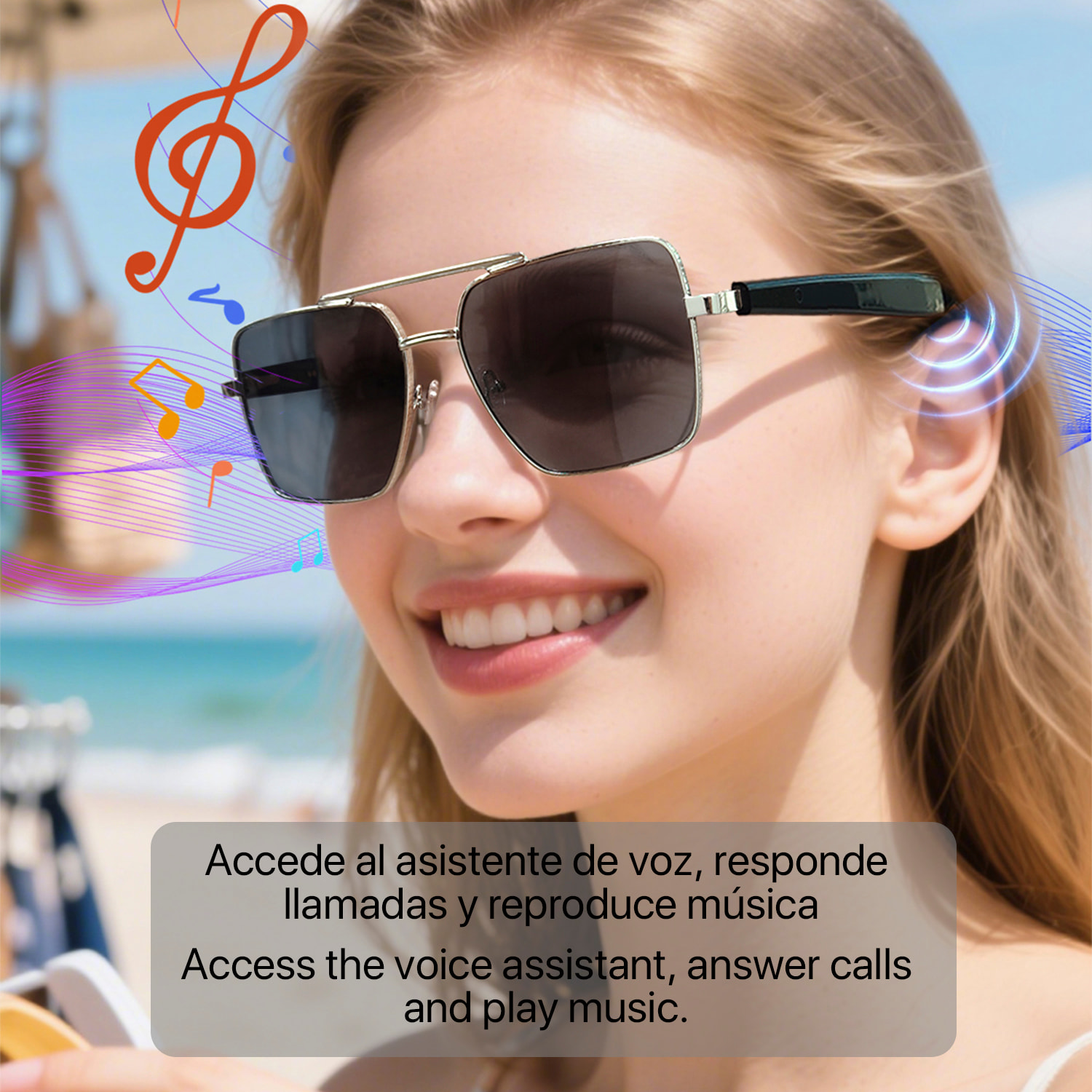 Occhiali AI GT-30 con chiamate bluetooth, telecomando per fotocamera, riproduzione musicale e assistente vocale.