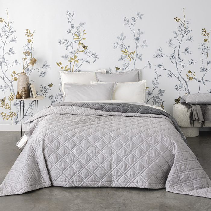Couvre lit matelassé en satin de coton bio, MERVEILLE, Gris Meteore