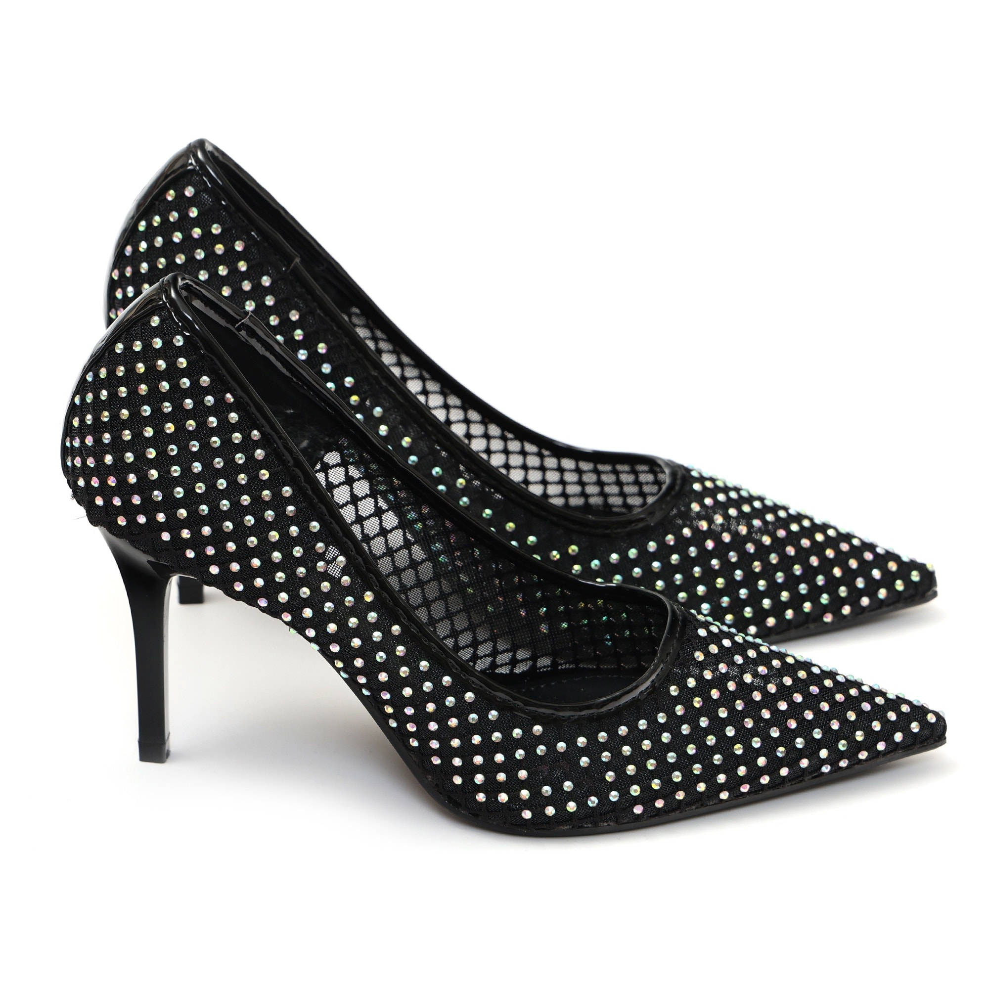 Dècolletè pumps in simil pelle con tomaia bucherellata ricoperta di strass