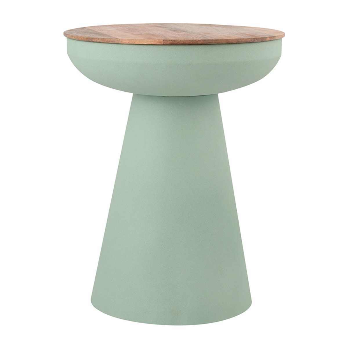 Table d'appoint ronde design avec rangement en métal vert céladon et bois manguier massif H52 cm TAM
