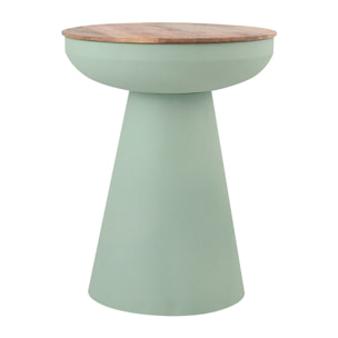 Table d'appoint ronde design avec rangement en métal vert céladon et bois manguier massif H52 cm TAM