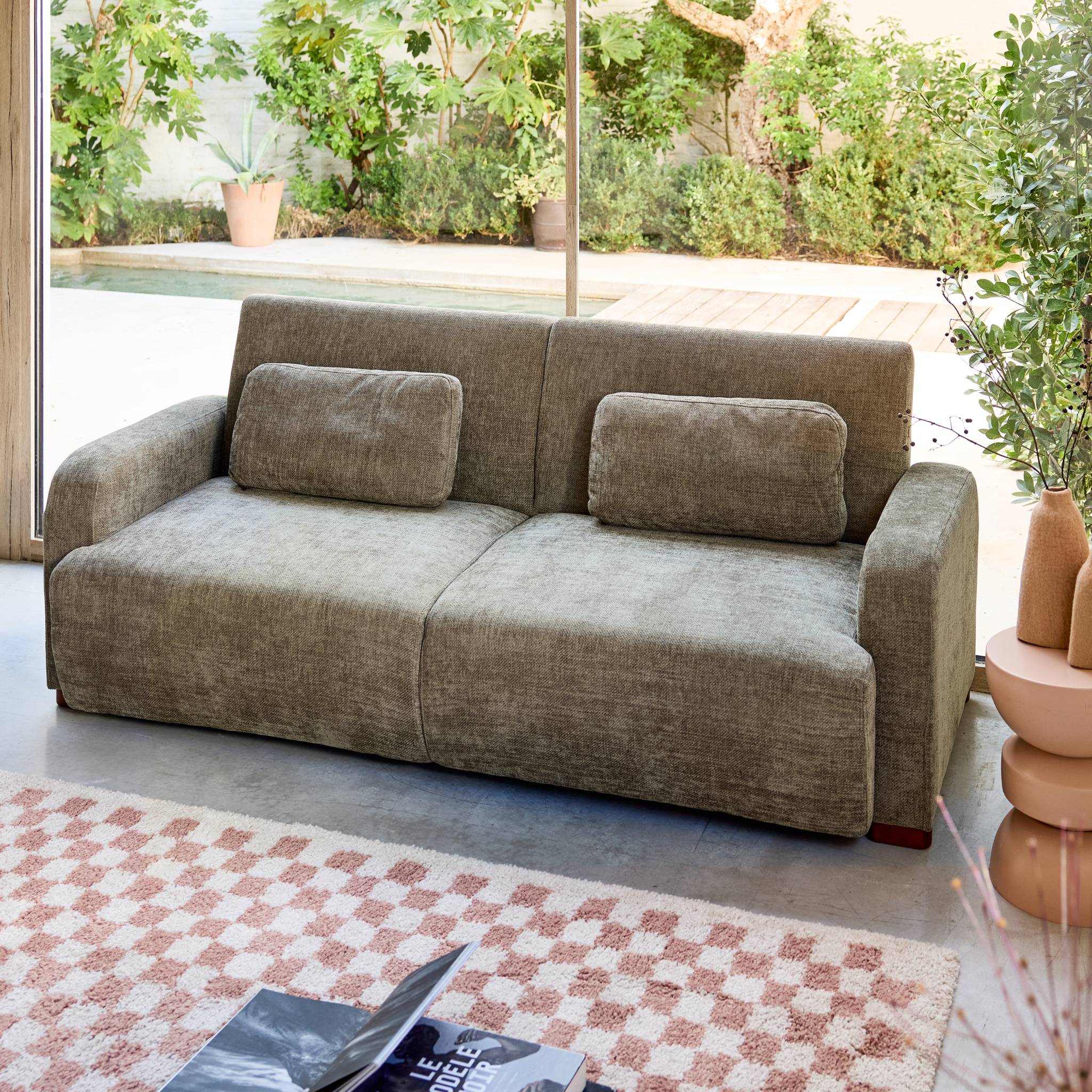 Canapé convertible 3 places tissu vert de gris L 211 x P 92 x 85cm  - Dany