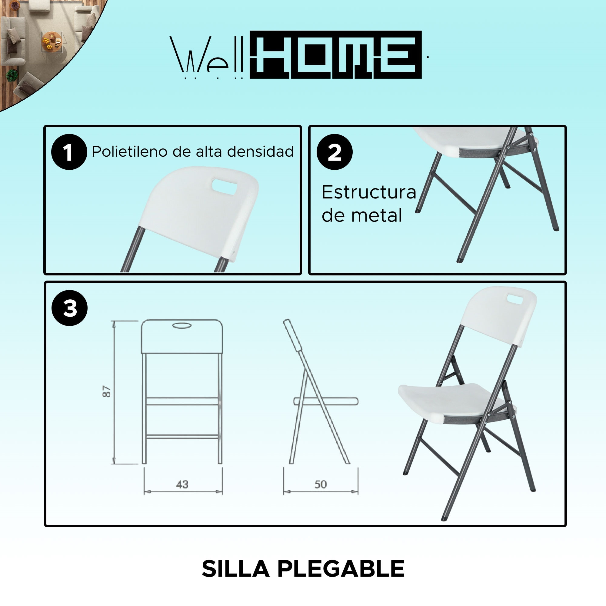 Well home - silla catering de estructura metálica acabado blanco, 45x53x87 cm