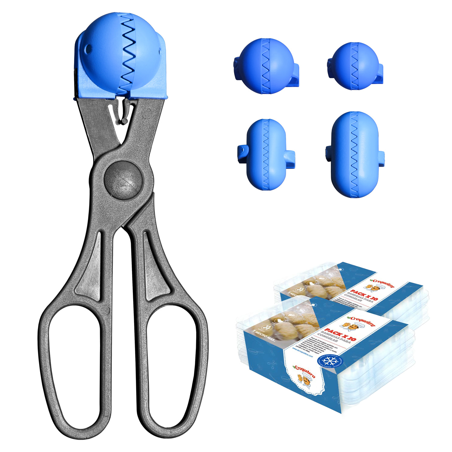 Pack utensilio multiusos con 4 moldes intercambiables color azul + 40 bandejas de conservación - La croquetera: patentado y fabricado en España