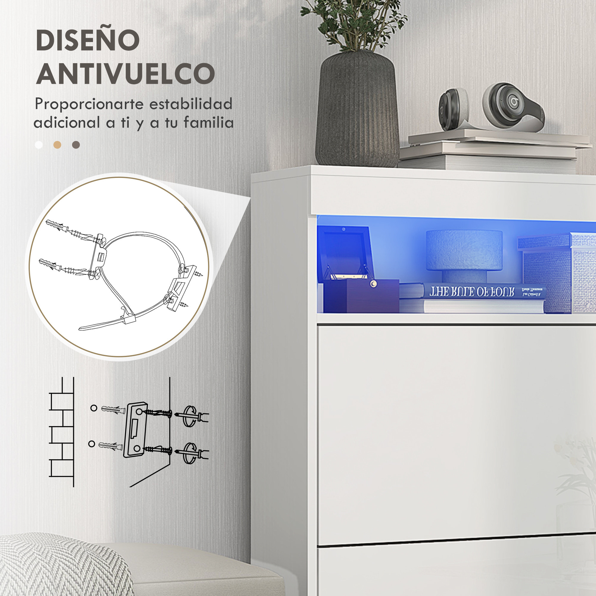 Mueble Zapatero de Recibidor Armario Zapatero Independiente o Pared con Luces LED Estante Abierto y 2 Cajones Abatibles para 12-16 Pares de Zapatos 80x24x99,5 cm Blanco Brillante