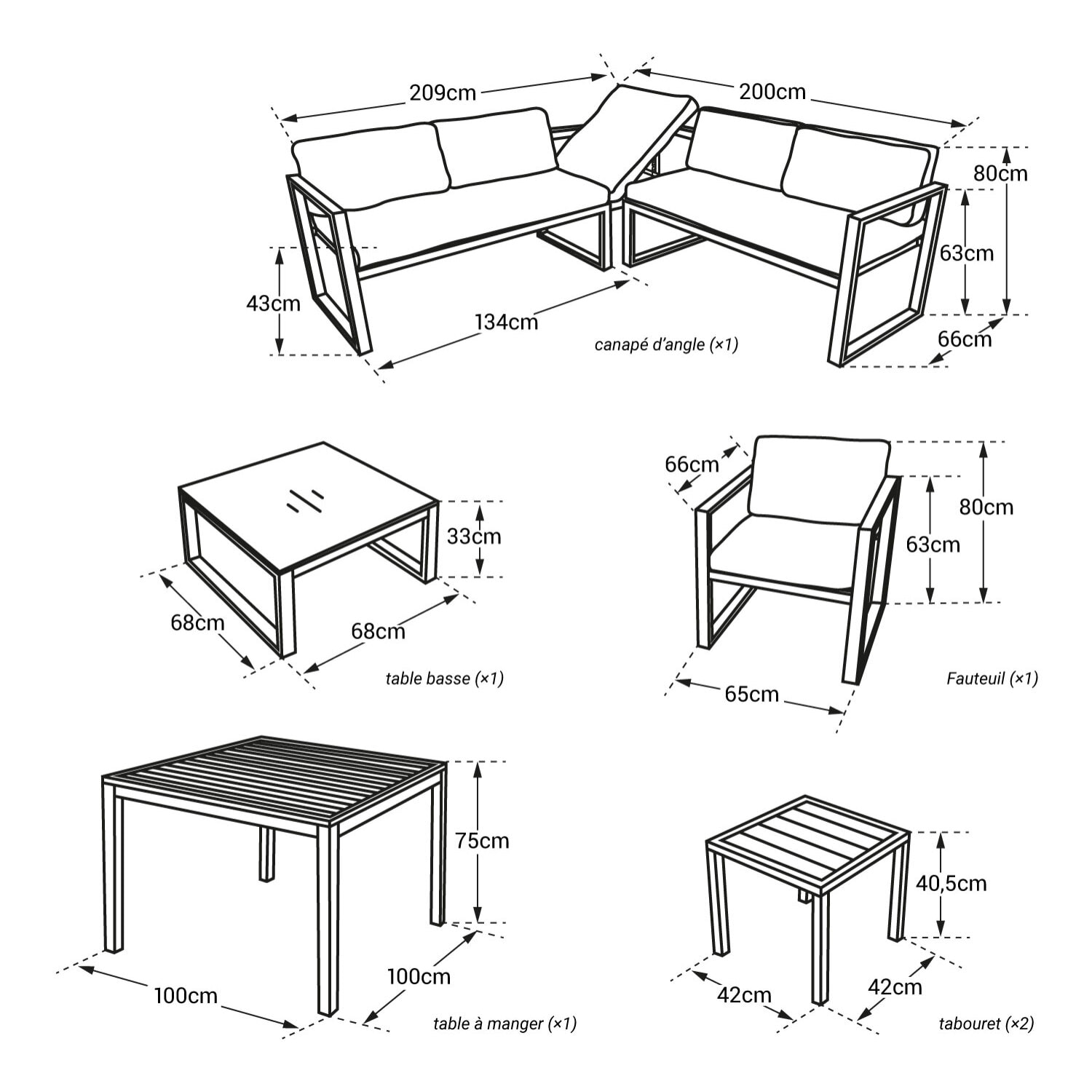 Salon de jardin modulable IBIZA en tissu bleu 7 places - aluminium blanc
