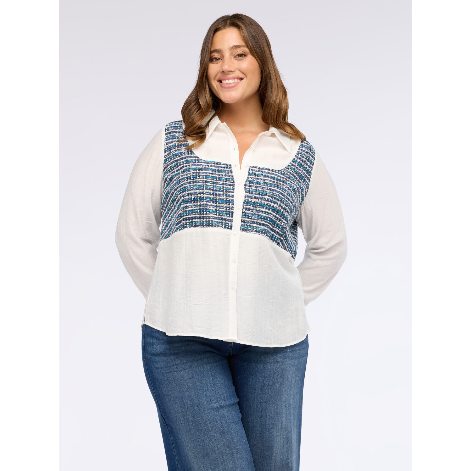 Fiorella Rubino - Camicia in mussola con inserto bouclé - Bianco