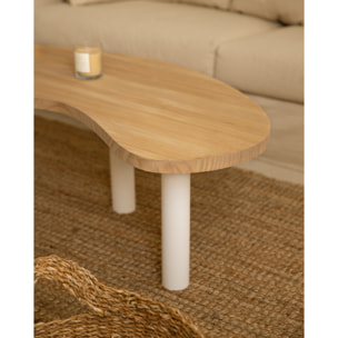 Table basse en bois massif aux formes organiques plateau en chêne moyen et pieds blancs en différentes tailles