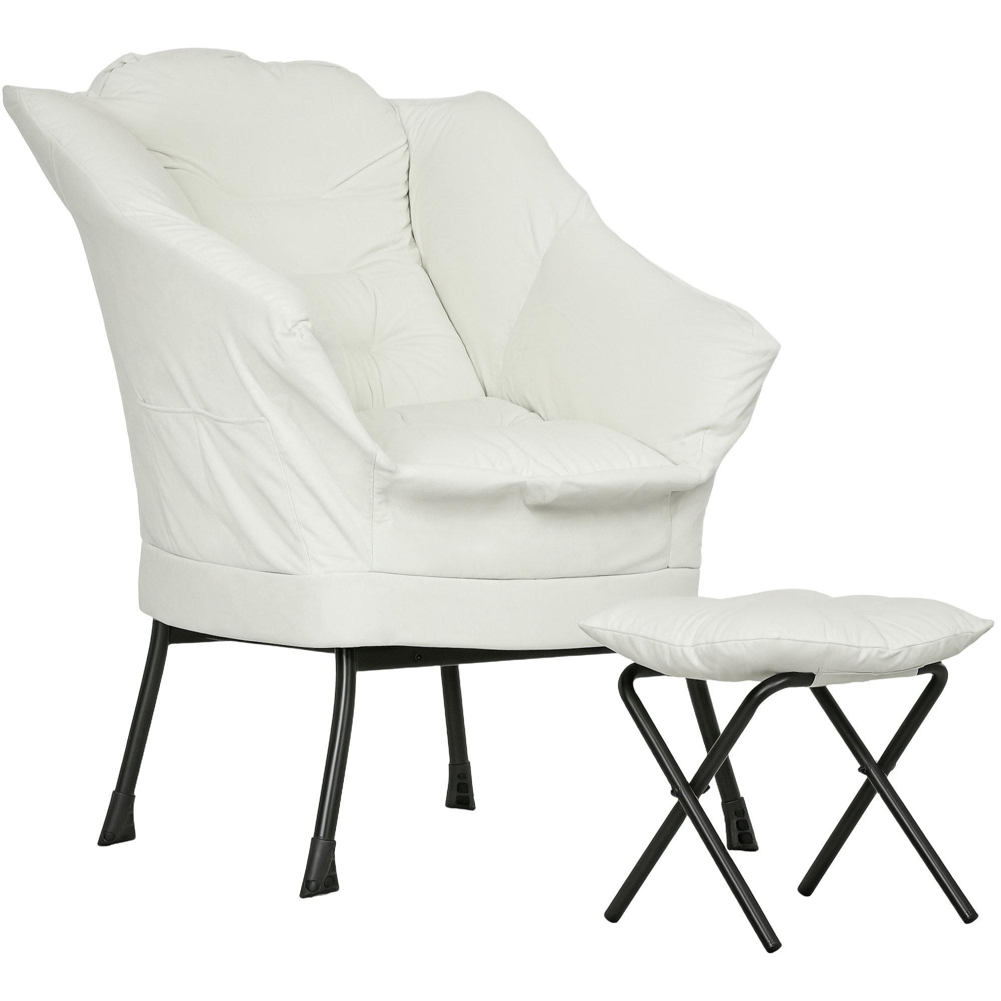 Sillón de Salón con Reposapiés Sillón de Relax Butaca para Dormitorio con Bolsillos Laterales y Patas de Acero para Sala de Estar Crema