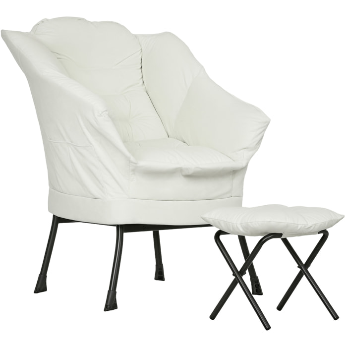 Sillón de Salón con Reposapiés Sillón de Relax Butaca para Dormitorio con Bolsillos Laterales y Patas de Acero para Sala de Estar Crema