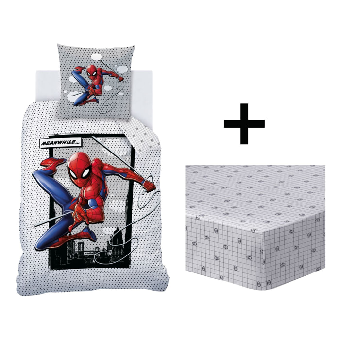 Parure de lit imprimée + drap housse 100% coton, SPIDERMAN HERO