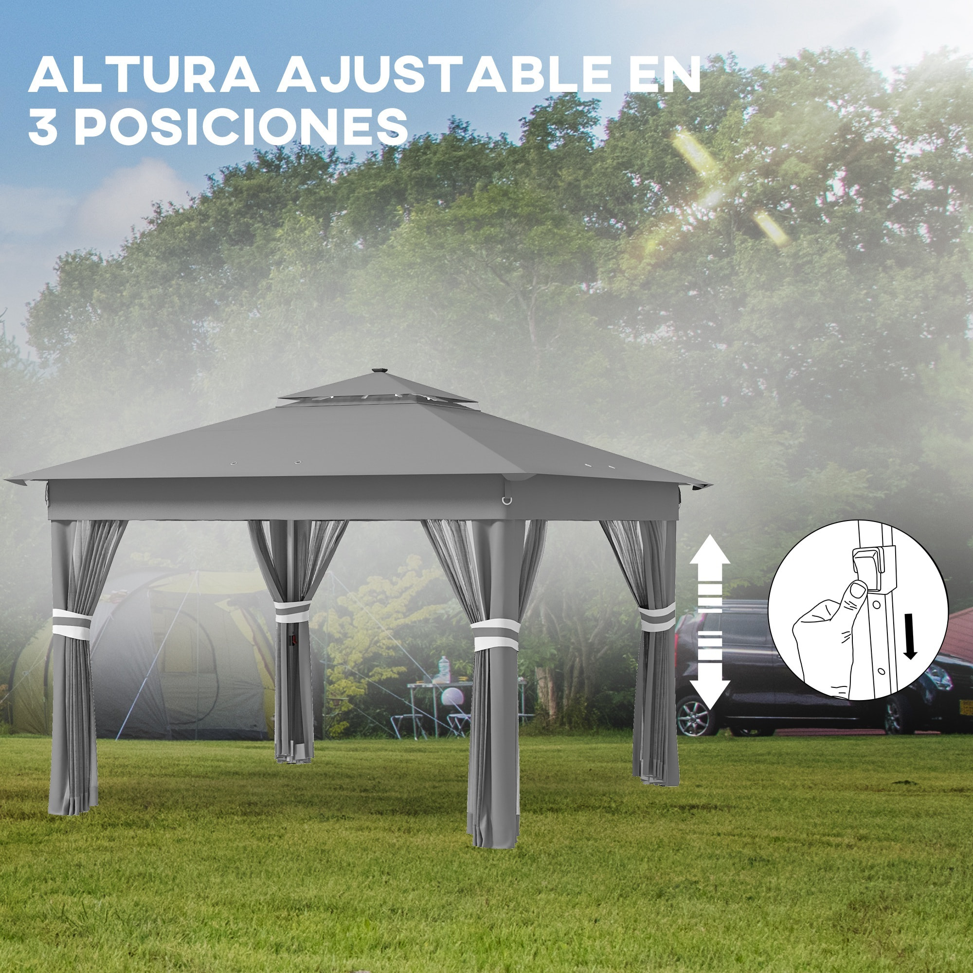 Carpa Plegable 3x3 m Cenador de Jardín con Doble Techo 4 Mosquiteras 20 Luces LED Solares Altura Ajustable Mando a Distancia y Bolsa de Transporte para Jardín Patio Fiestas Gris