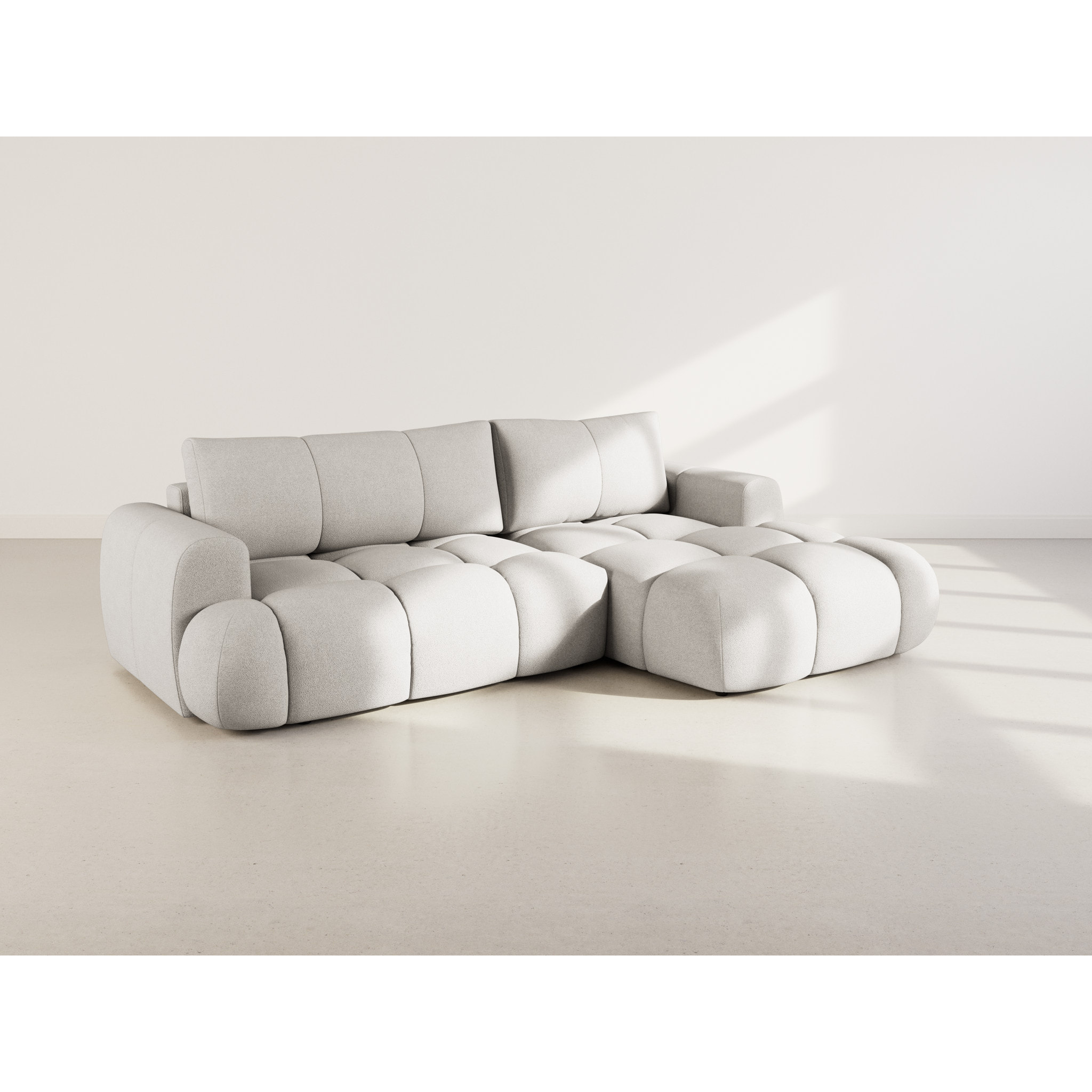 Yulin - Canapé d'angle droit 4 places convertible avec coffre en tissu bouclette - Gris clair