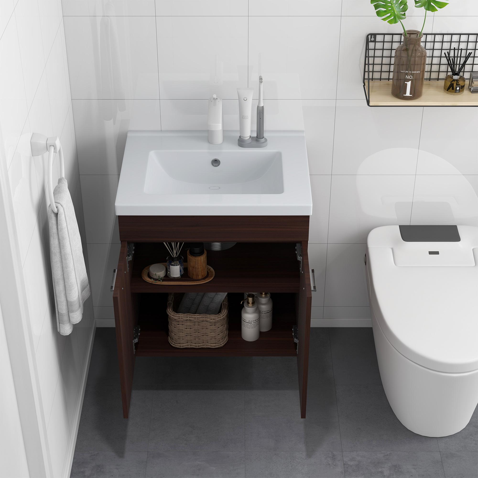 Mueble de Baño con Lavabo Cerámico Armario Bajo de Lavabo de Pared con 2 Puertas y Estante Ajustable Acabado Melamina 60x45,5x60 cm Marrón