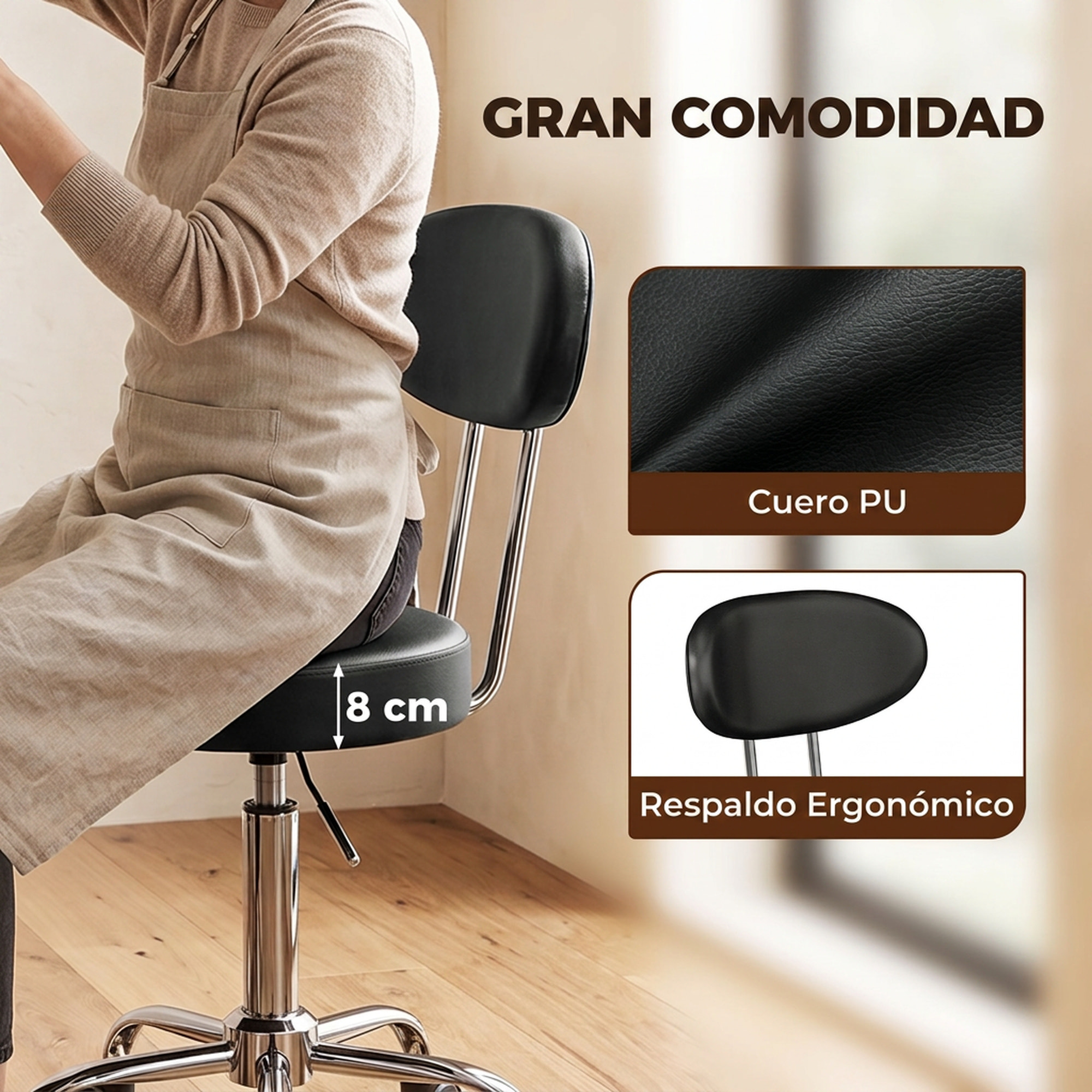 HOMCOM Taburete con Ruedas, Taburete Giratorio con Respaldo, Altura Regulable, Tapizado en Cuero Sintético, Asiento Acolchado, para Spa, Tatuajes, Oficina, Dormitorio, Negro