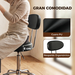 HOMCOM Taburete con Ruedas, Taburete Giratorio con Respaldo, Altura Regulable, Tapizado en Cuero Sintético, Asiento Acolchado, para Spa, Tatuajes, Oficina, Dormitorio, Negro