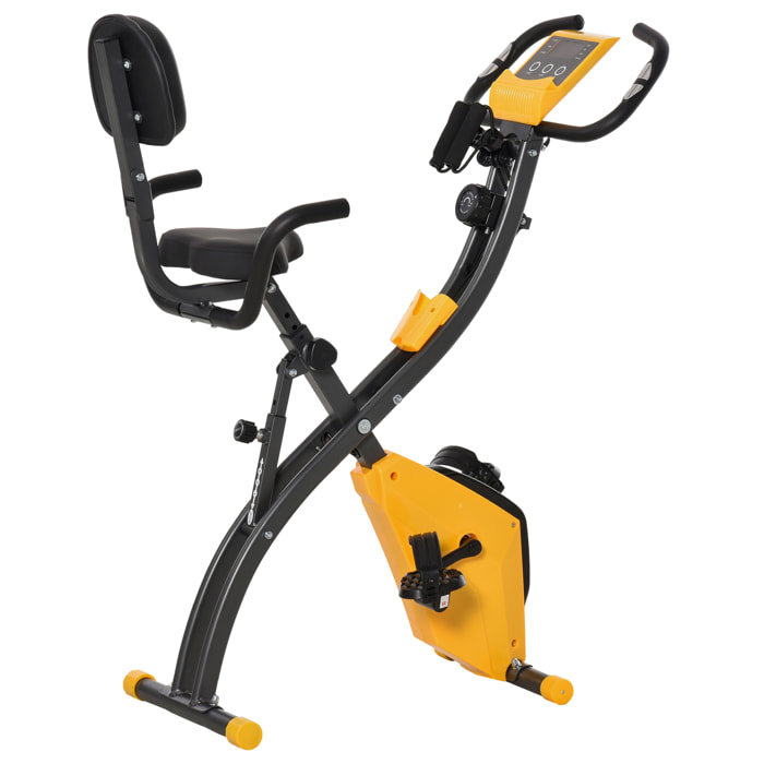 Vélo d'appartement pliant 8 niveaux de résistance magnétique dossier selle réglable poignées ergonomiques écran LCD multifonction suspensions support tablette acier jaune gris