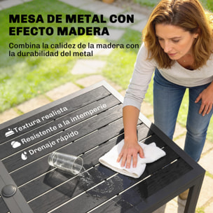 Conjunto de Mesa y Sillas Jardín de 7 Piezas, Muebles Jardín Exterior con Mesa Metálica Efecto Madera con Agujero, 6 Sillas Apilables Transpirables, Marco de Acero Resistente, Gris Mixto