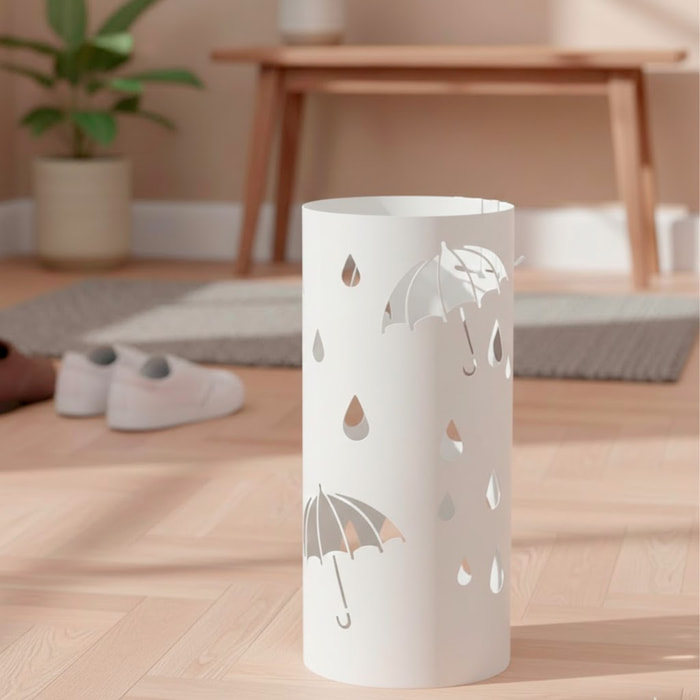 Portaombrelli Rotondo In Acciaio Zincato Con Vaschetta Scolapioggia E 4 Ganci Removibili Base Antiscivolo Design Moderno Ingresso 41 x 17 Cm Bianco