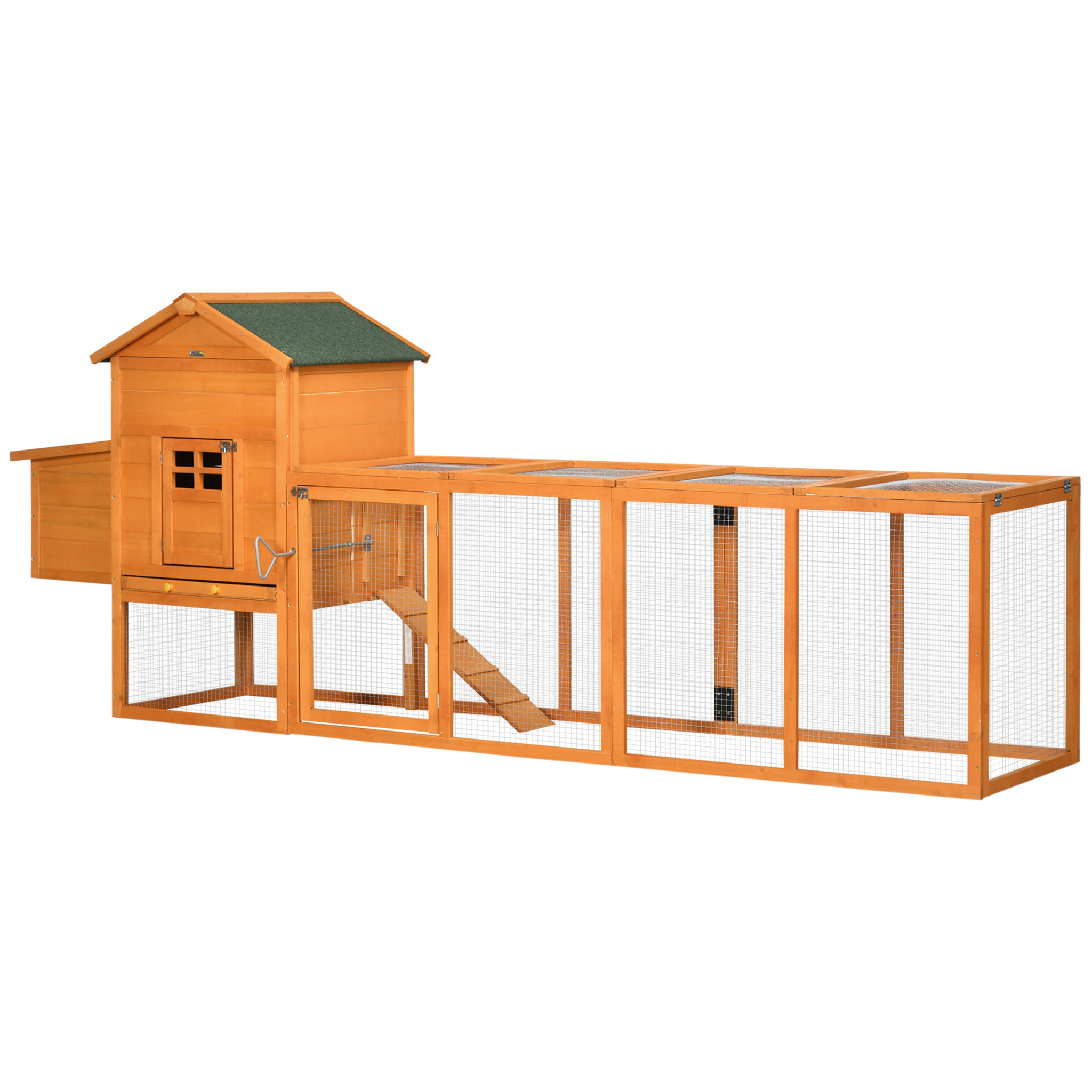 Poulailler surélevé avec enclos et pondoir - nombreux équipements - bois pin pré-huilé