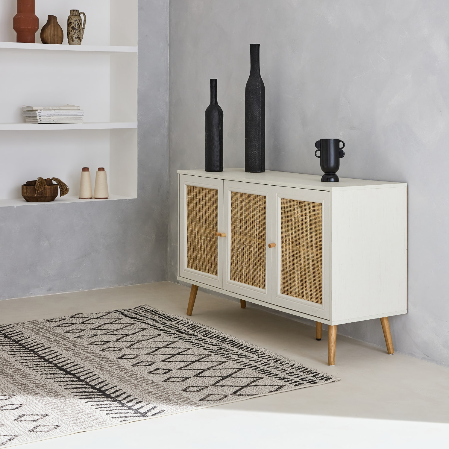 Buffet scandinave décor bois et cannage 3 portes 120cm BOHÈME