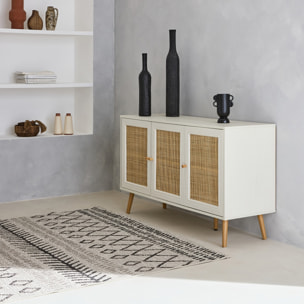 Buffet scandinave décor bois et cannage 3 portes 120cm BOHÈME