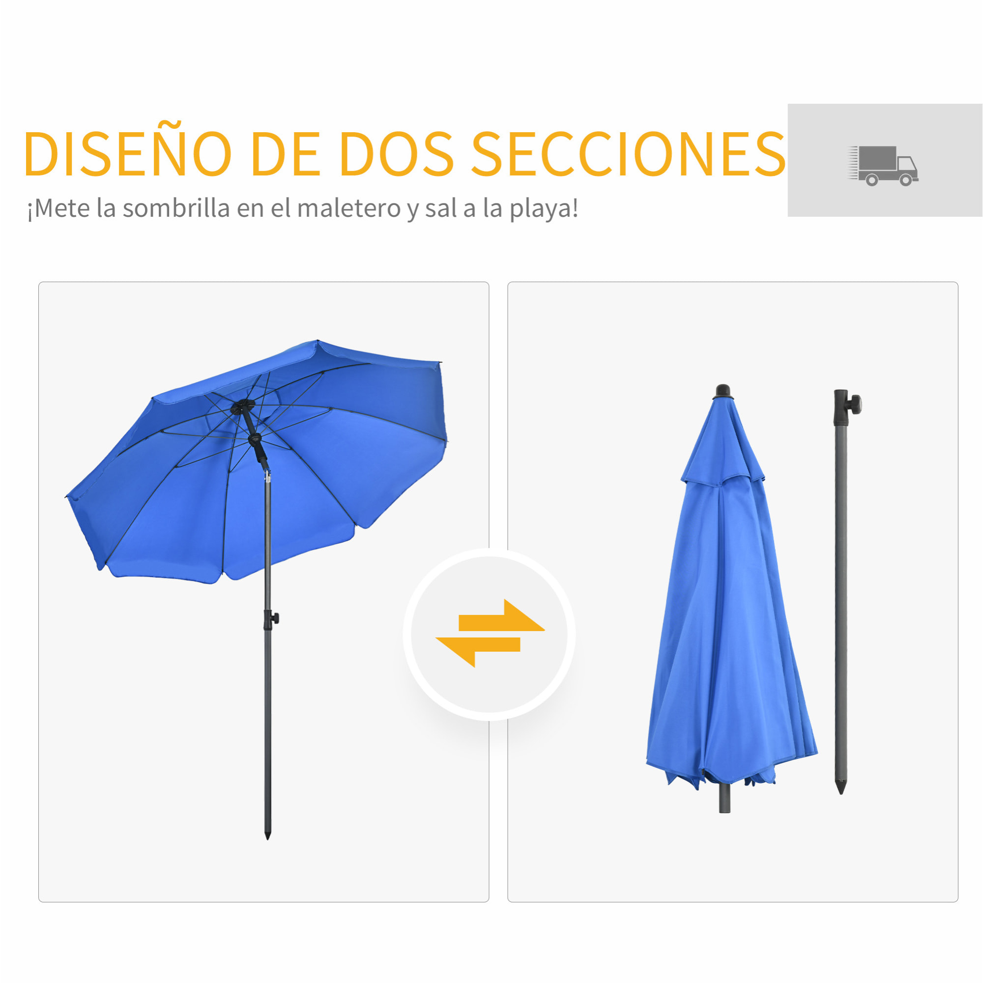 Sombrilla de Playa Grande Ø180 cm Sombrilla de Terraza Exterior con Ángulo Ajustable Protección UV50+ Impermeable Mástil de Ø32 mm Azul