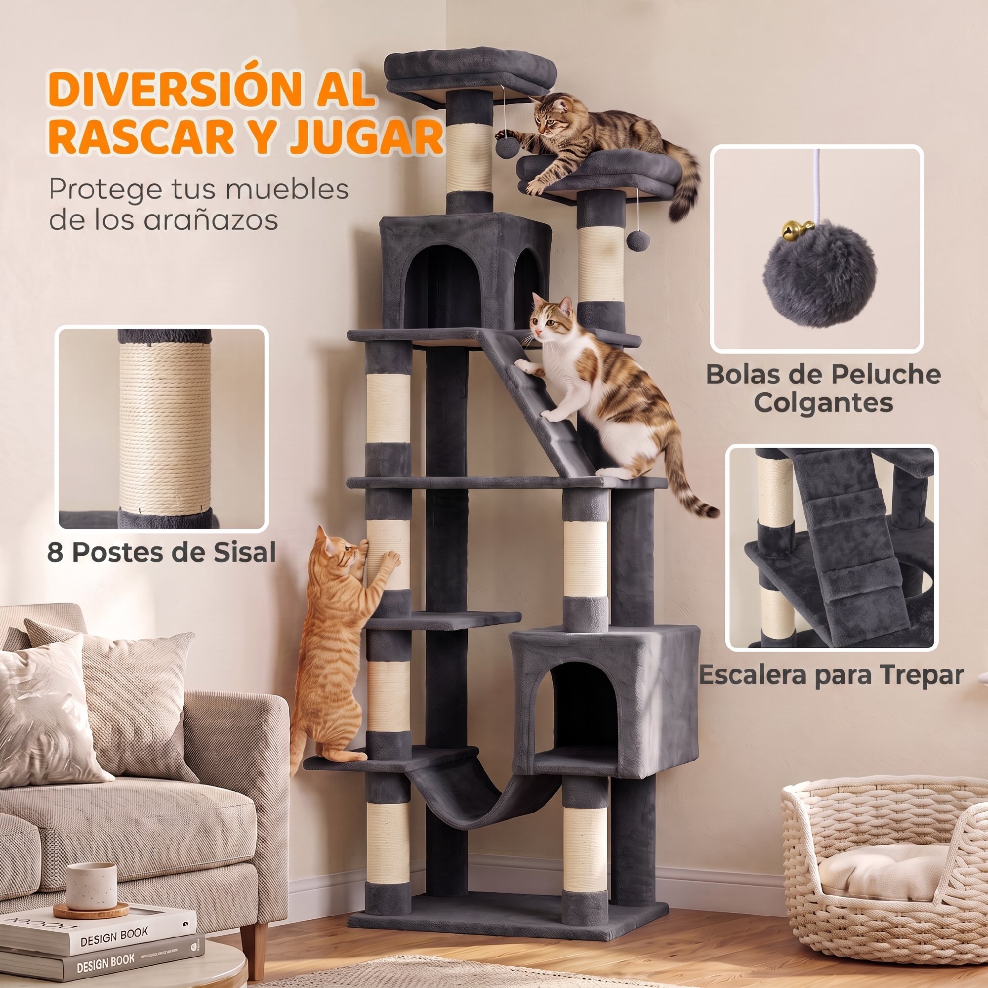 Árbol Rascador para Gatos 204 cm, Torre para Gatos Multinivel con 2 Cuevas, 2 Camas, Hamaca, Postes de Sisal, Escalera, 2 Bolas Colgantes, Tela de Felpa, para 1-3, Gris Oscuro