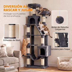 Árbol Rascador para Gatos 204 cm, Torre para Gatos Multinivel con 2 Cuevas, 2 Camas, Hamaca, Postes de Sisal, Escalera, 2 Bolas Colgantes, Tela de Felpa, para 1-3, Gris Oscuro