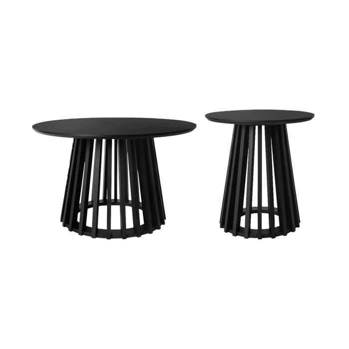Set de 2 tables basses rondes plateau effet bois noir et pieds en bois de sapin. Ø40cm et Ø60cm