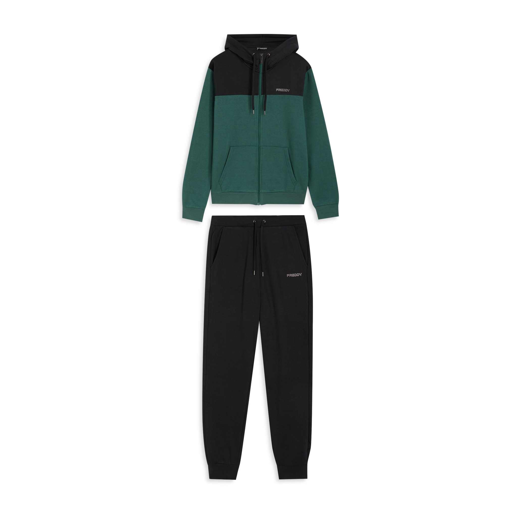 Tuta con cappuccio colour block e fondo a costine