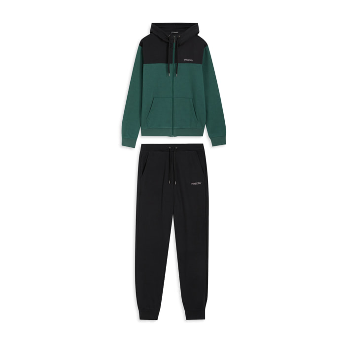 Tuta con cappuccio colour block e fondo a costine