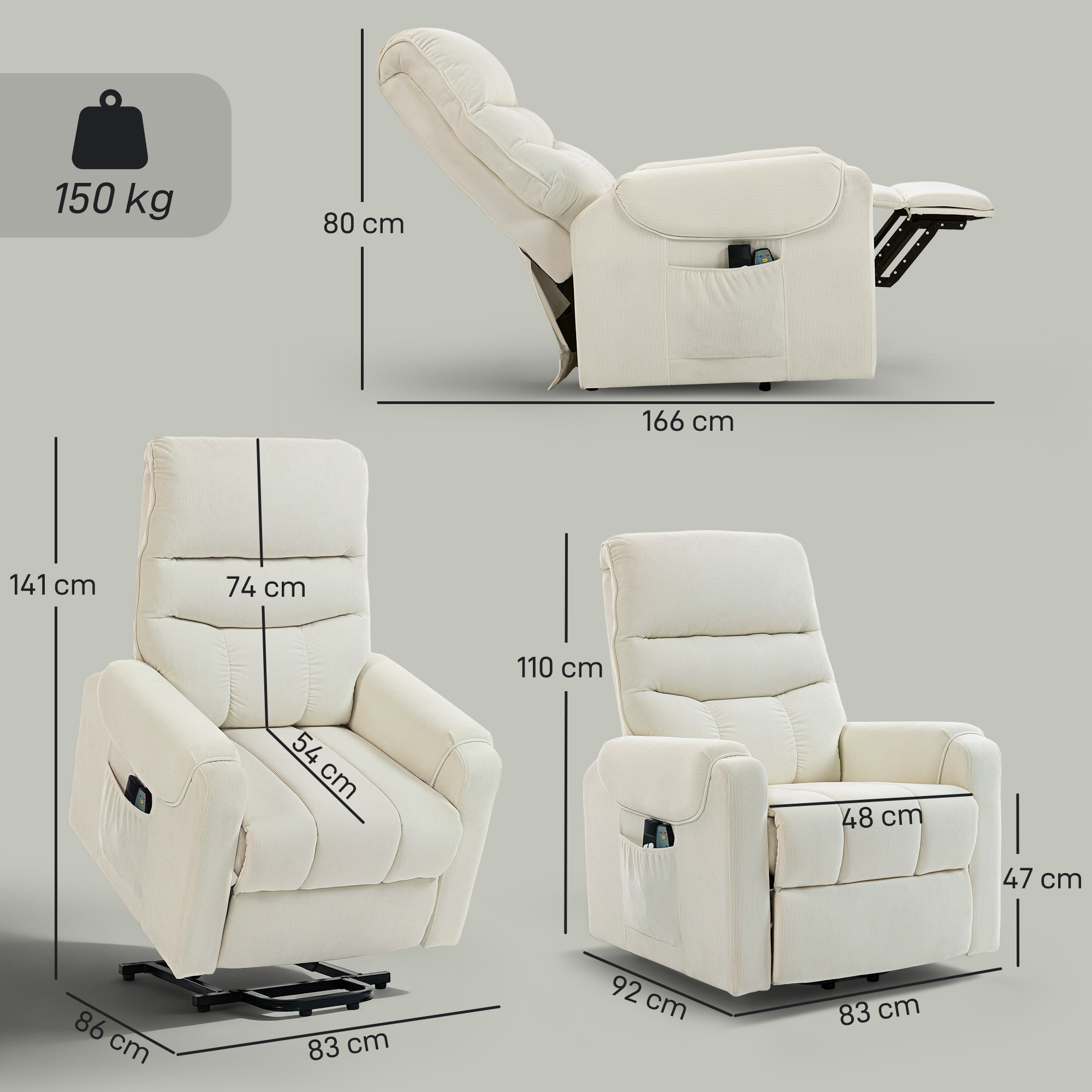 Sillón Relax Reclinable Eléctrico Levanta Personas, Sillón Elevador con 8 Puntos de Masaje, 2 Controles Remotos, Reposapiés, Tapizado en Pana, Acolchado Grueso, Bolsillo Lateral, Beige
