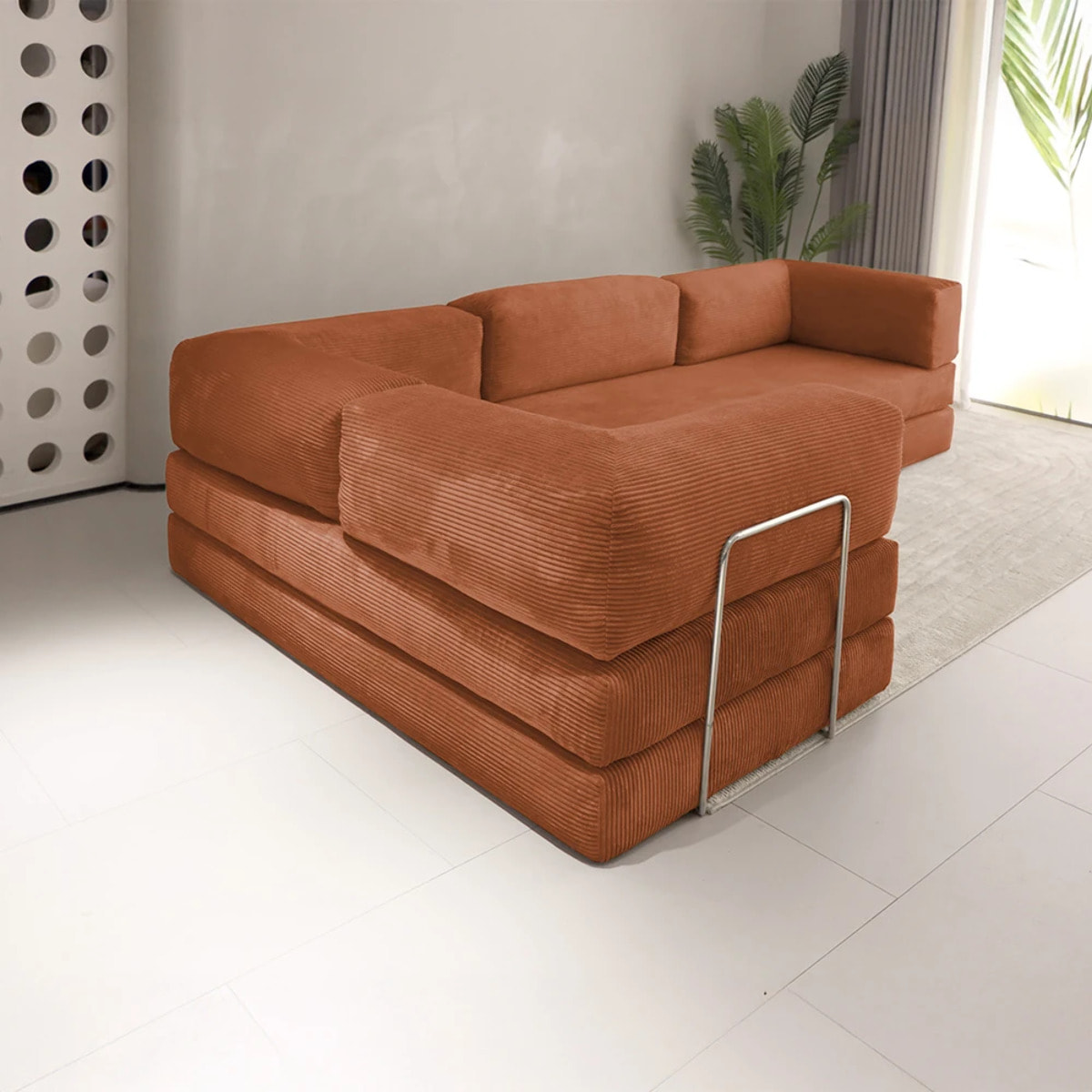 TRENDY - Canapé compressé 5 places angle modulable en velours côtelé terra