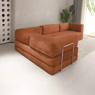 TRENDY - Canapé compressé 5 places angle modulable en velours côtelé terra