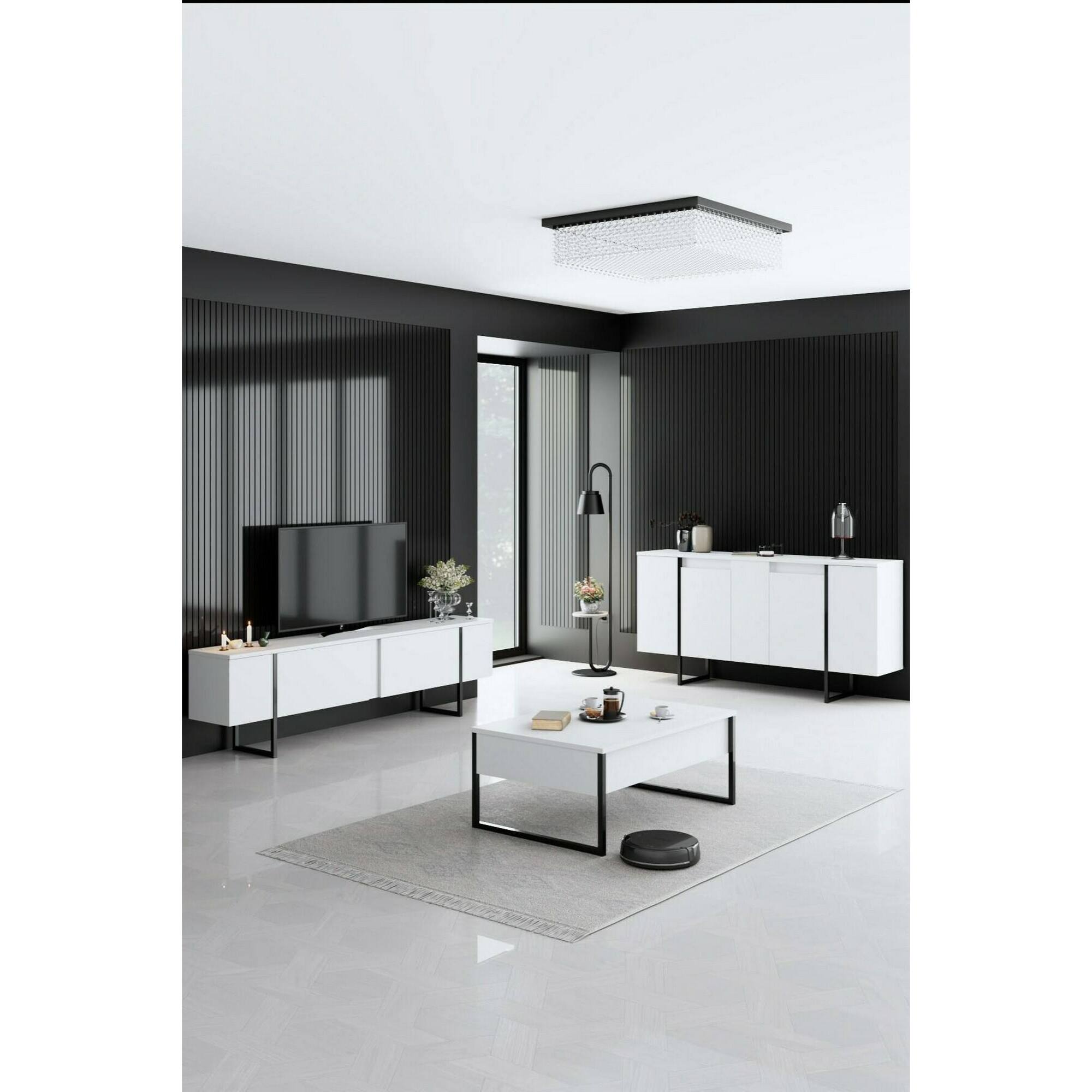 Credenza Dgarzitt, Buffet da soggiorno, Madia da salotto, Dispensa da cucina, 160x35h80 cm, Bianco e Nero