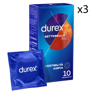 3x Preservativi Durex Settebello XL Extra Large con Forma Easy On - 3 Confezioni da 10 Profilattici