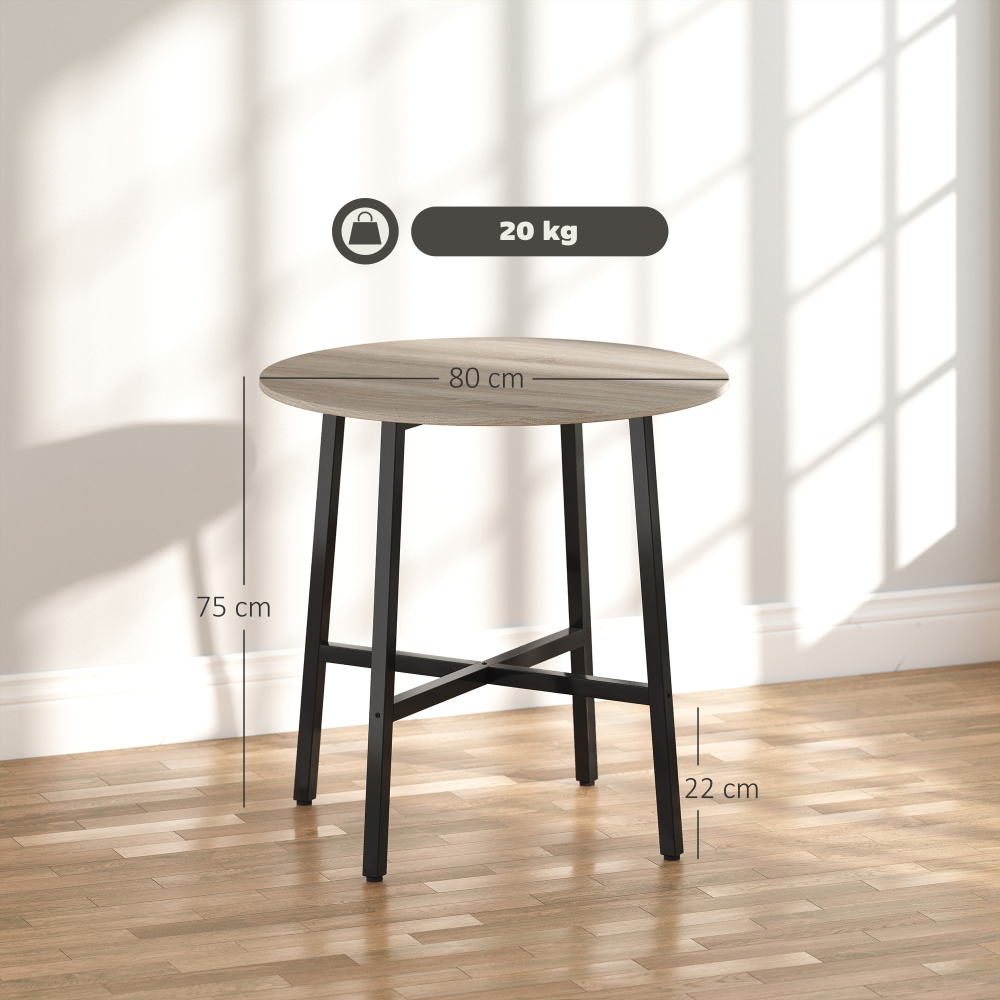 Table ronde dia. 80 cm style industriel piètement acier noir plateau aspect bois clair