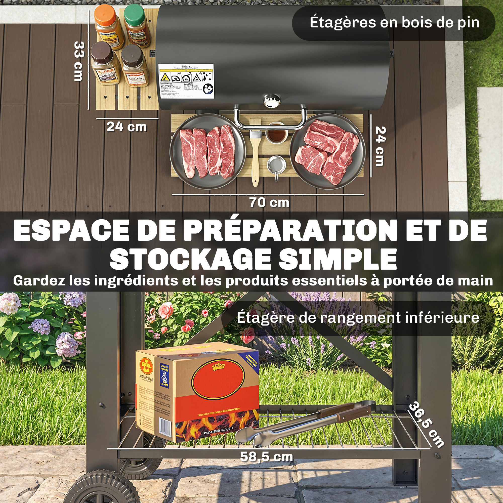 Barbecue smocker mobile acier bois 2 tablettes rabattables étagère noir