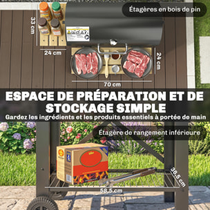 Barbecue smocker mobile acier bois 2 tablettes rabattables étagère noir